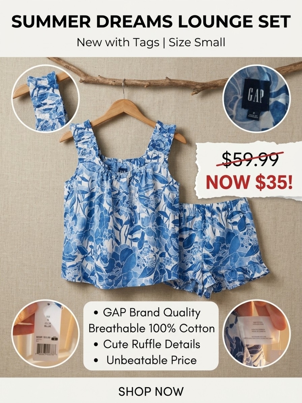 GAP Blue & White Floral Ruffle Tank and Shorts Set